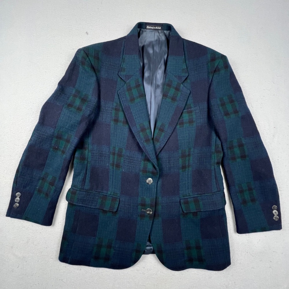 Vintage Woolrich Plaid Blazer Men Small Mallard Green Navy Blue Wool Blend USA